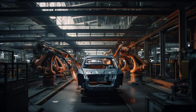 oficinadaindustriametalurgicamodernaparaconstrucaodepecasdeacogeradasporia Robôs industriais soldam a estrutura de um carro em uma linha de montagem de fábrica. A estrutura metálica do carro está no centro da imagem, com os braços robóticos em ambos os lados.
