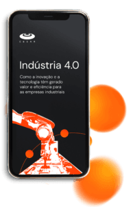 Smartphone exibindo conteúdo sobre Indústria 4.0, inovação tecnológica e aumento de eficiência industrial.