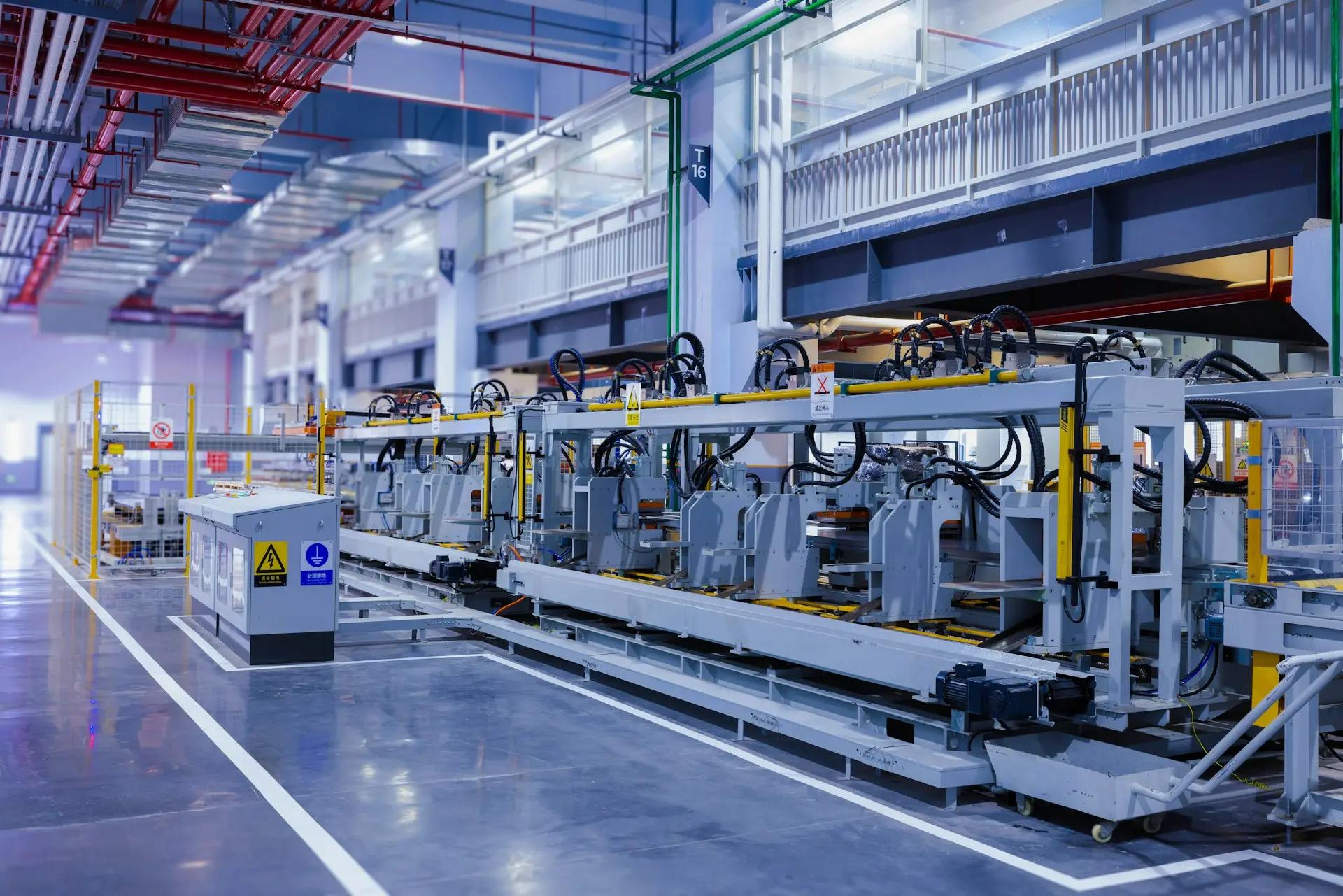 Automação no setor elétrico para eliminar processos manuais e falhas Maquinário industrial automatizado em linha de montagem moderna com tubulações aéreas, fiação e painéis de controle elétrico.