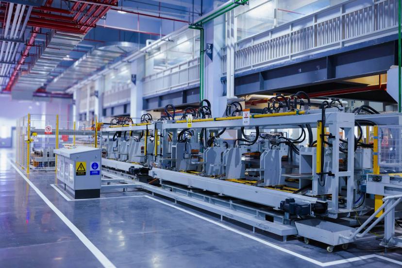 Automação no setor elétrico para eliminar processos manuais e falhas Maquinário industrial automatizado em linha de montagem moderna com tubulações aéreas, fiação e painéis de controle elétrico.