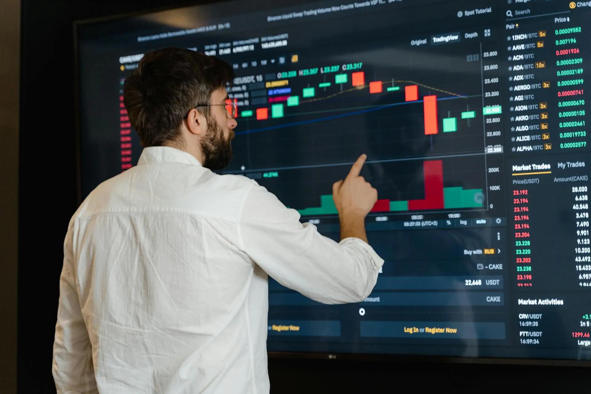 Open Finance IA e UX como pilares para inovar o setor financeiro Analista aponta para tela grande exibindo gráficos de velas e dados de mercado financeiro em tempo real em ambiente escuro.