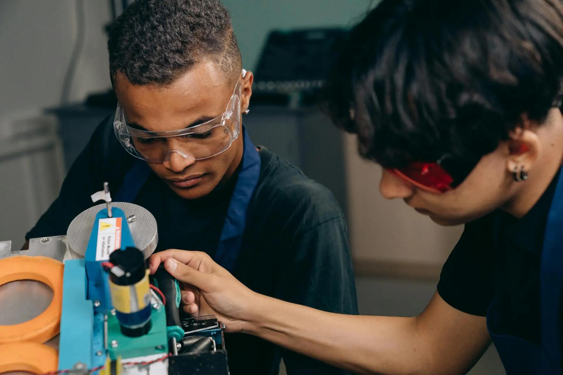 Aprendizagem Baseada em Projetos e os benefícios na educação digital Dois jovens concentrados, usando óculos de proteção, ajustam componentes de um protótipo robótico em oficina tecnológica.