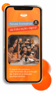 Mockup de celular exibe conteúdo sobre o papel de projetos educacionais na promoção de impacto e inclusão socioprodutiva