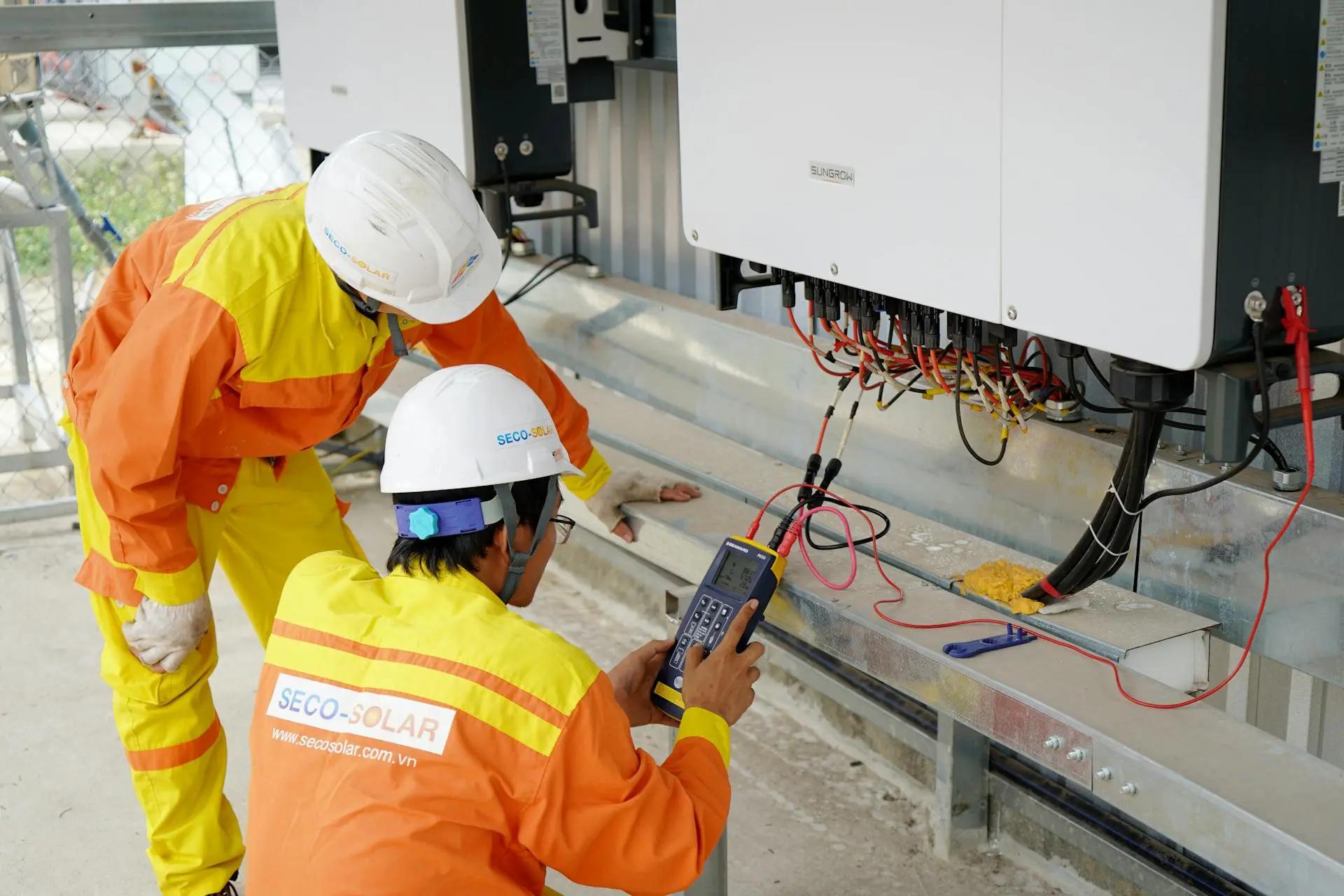 Eficiência energética e automação para promover a sustentabilidade Dois técnicos de uniforme laranja e capacete branco utilizam um medidor digital em painel de sistema de energia solar.