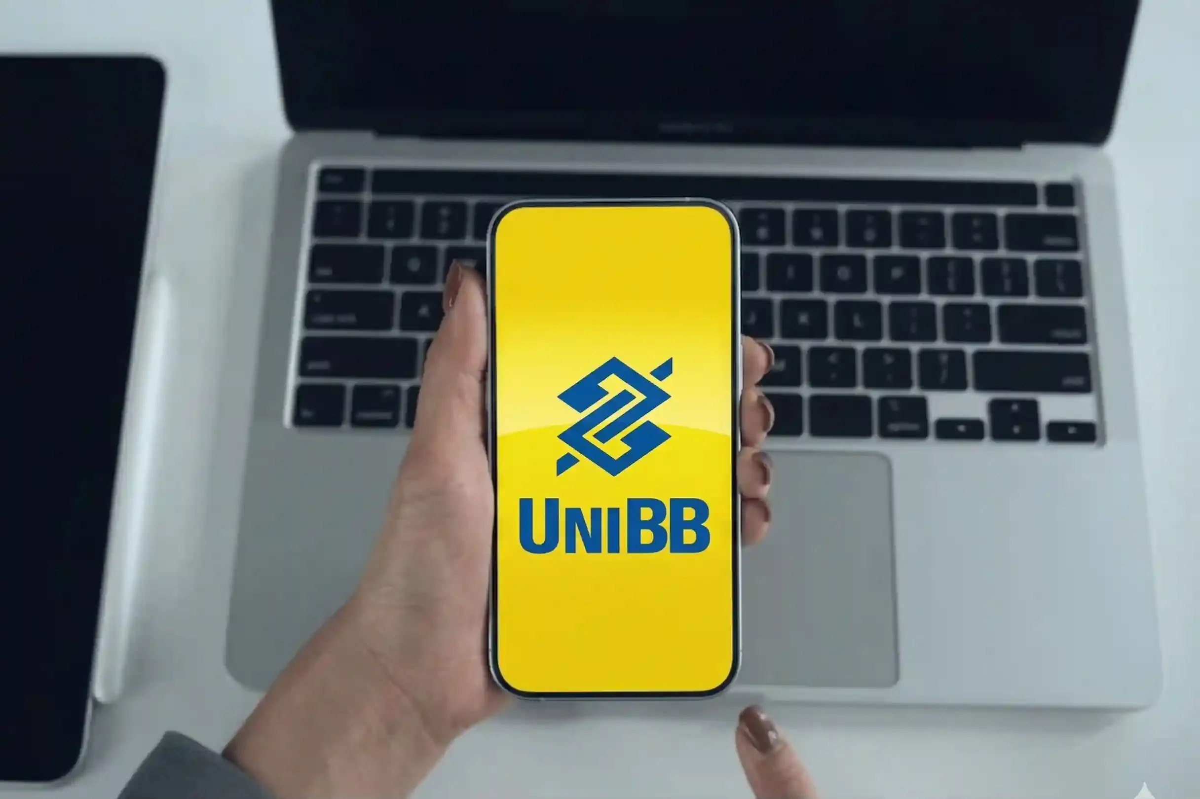 Pessoa segura smartphone com app UniBB diante de notebook, representando validação de ideias e inovação corporativa