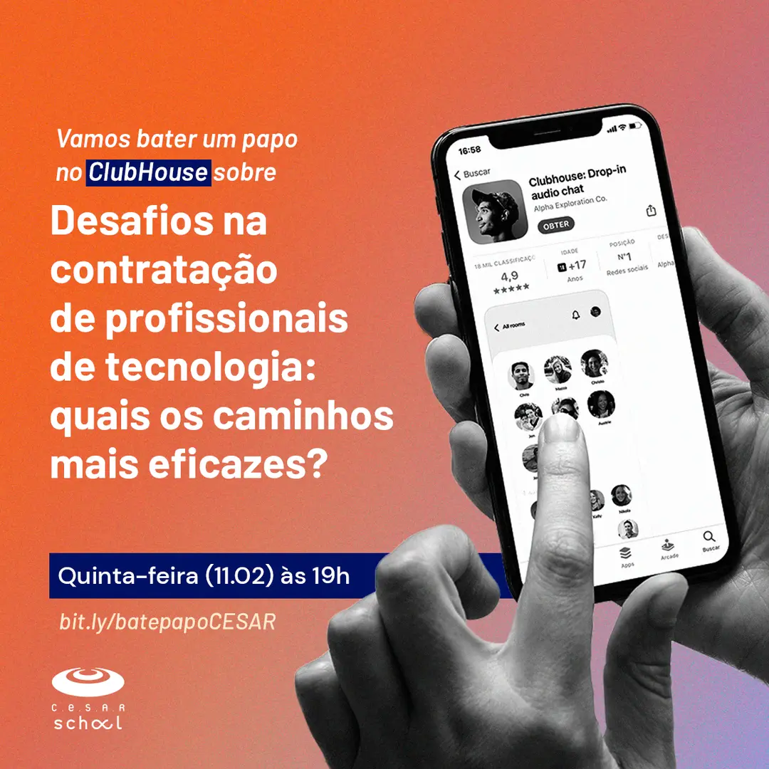 Mãos seguram um celular mostrando o aplicativo Clubhouse ao lado de um texto explicativo sobre um bate-papo