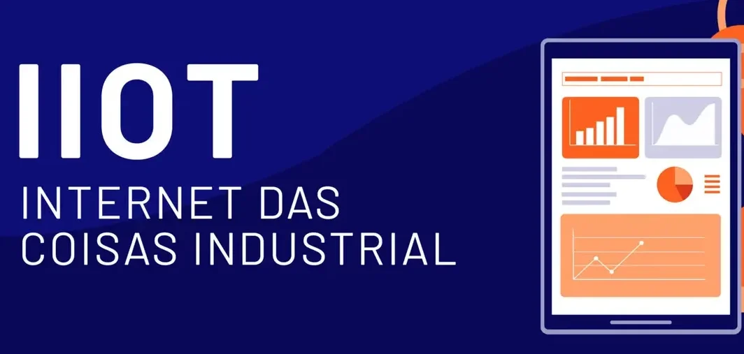 Ilustração com fundo azul escuro exibindo o texto IIOT INTERNET DAS COISAS INDUSTRIAL à esquerda, e um tablet com gráficos analíticos ao lado de um braço robótico industrial laranja à direita.