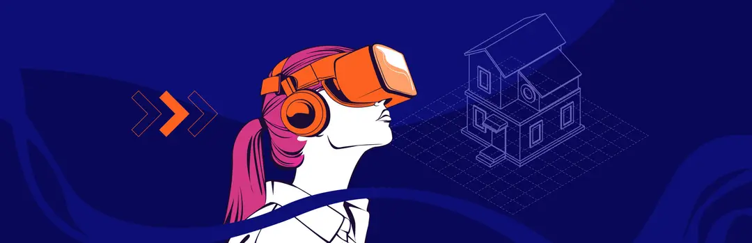 Ilustração em vetor com fundo azul escuro mostrando uma mulher com cabelo rosa de perfil, usando óculos de realidade virtual e fones de ouvido laranjas, olhando em direção à maquete digital tridimensional de uma casa