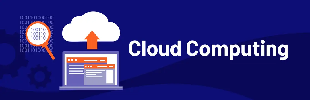 Ilustração com fundo azul escuro exibindo um laptop aberto com telas de sistema de onde sai uma seta laranja apontando para uma nuvem branca, ao lado de códigos binários analisados por uma lupa e do texto "Cloud Computing" escrito em letras garrafais brancas à direita