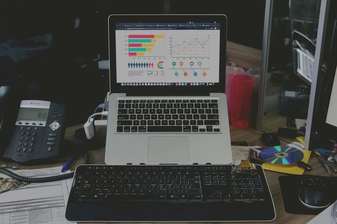 Laptop aberto em um suporte exibe gráficos de barras e de linhas coloridos na tela, posicionado em uma mesa de trabalho com um teclado digital à frente, um telefone comercial à esquerda e um mouse à direita