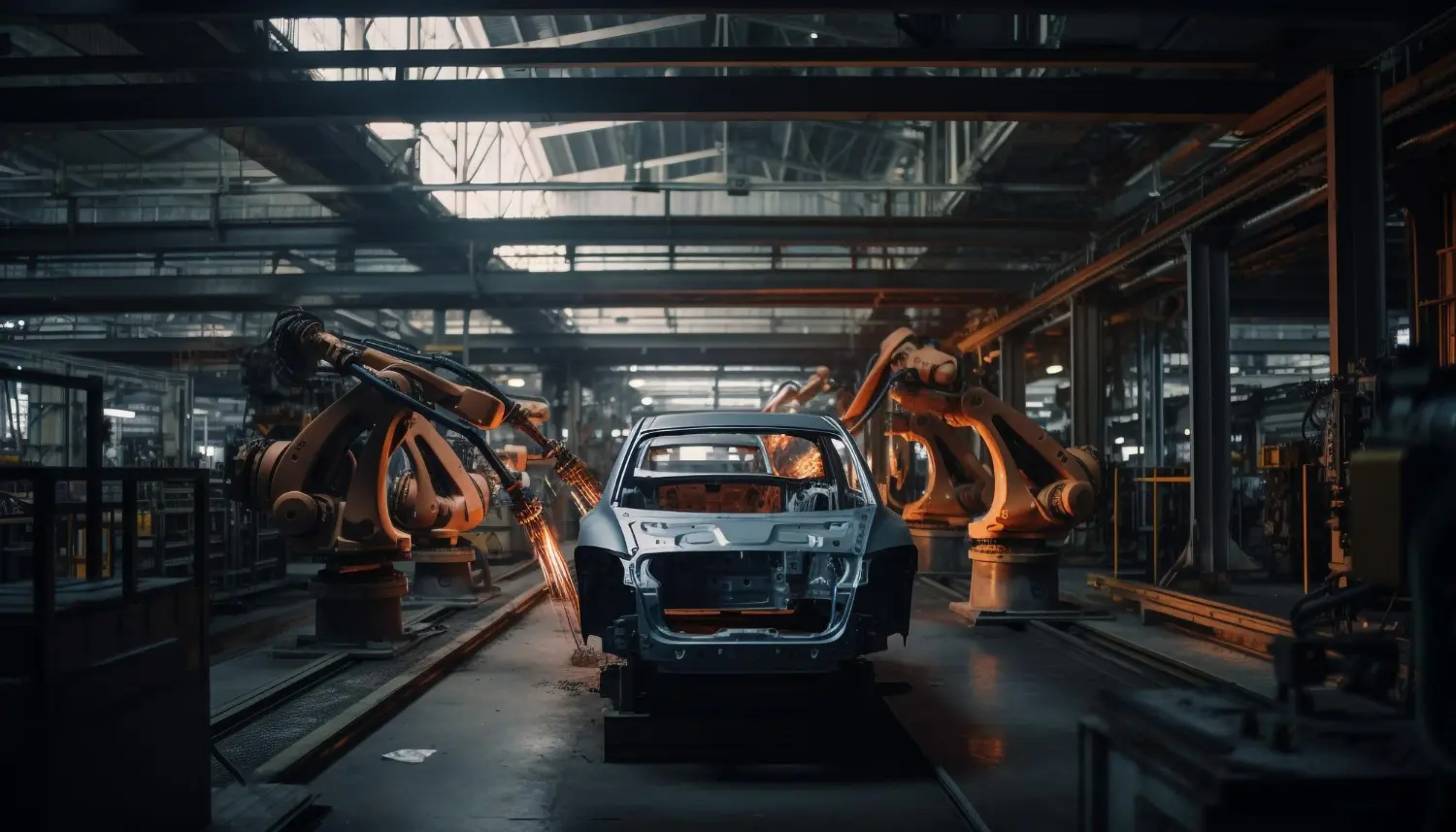 Linha de montagem industrial com braços robóticos laranja a soldar a estrutura metálica de um carro numa fábrica moderna.