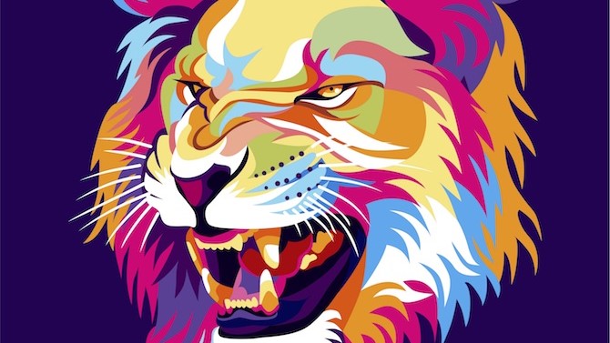 Ilustração vibrante de uma cabeça de leão rugindo, com uma juba colorida em tons de rosa, azul, amarelo e laranja.