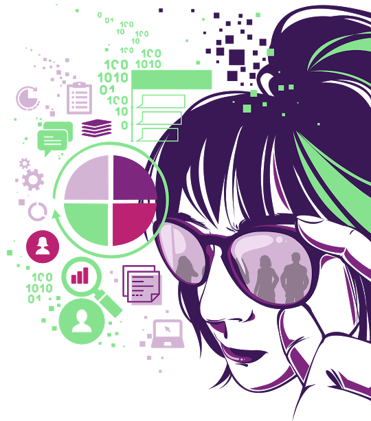 Desenho de uma mulher segurando um óculos e com algumas informações de valores