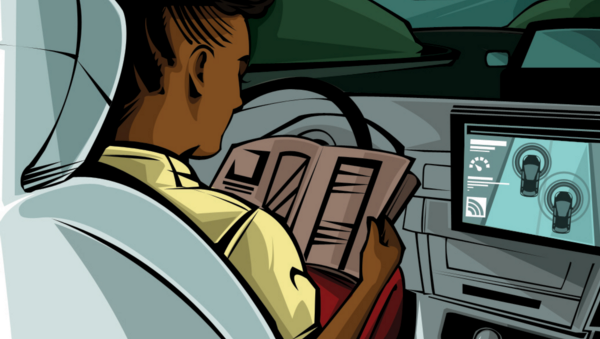Ilustração de uma mulher negra lendo um jornal em um carro autônomo, com uma tela mostrando a visualização da câmera do veículo.