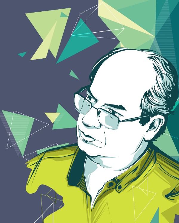 Ilustração estilizada de um homem de meia-idade com óculos, usando camisa verde-limão, sobre fundo com formas geométricas abstratas.