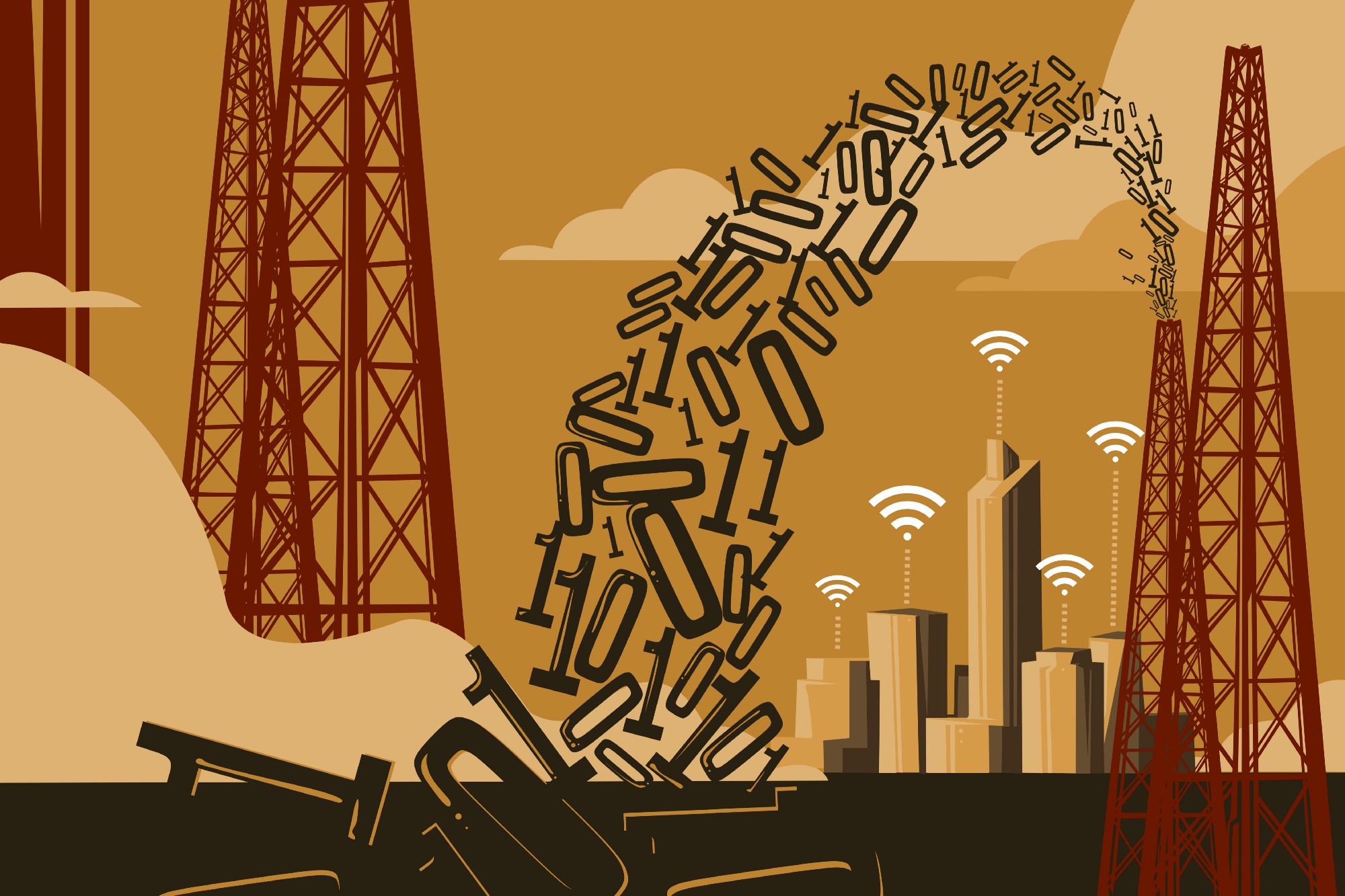 Ilustração estilizada mostrando torres de transmissão enviando dados binários (0s e 1s) para uma cidade moderna com sinal Wi-Fi.