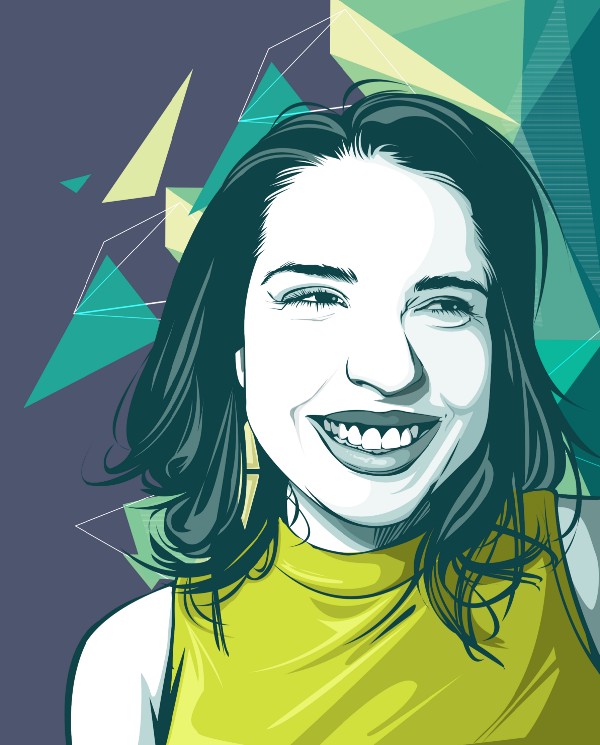 Ilustração de estilo vetor de uma mulher rindo, com cabelo escuro e usando uma blusa amarela, sobre um fundo de formas geométricas verdes e azuis.