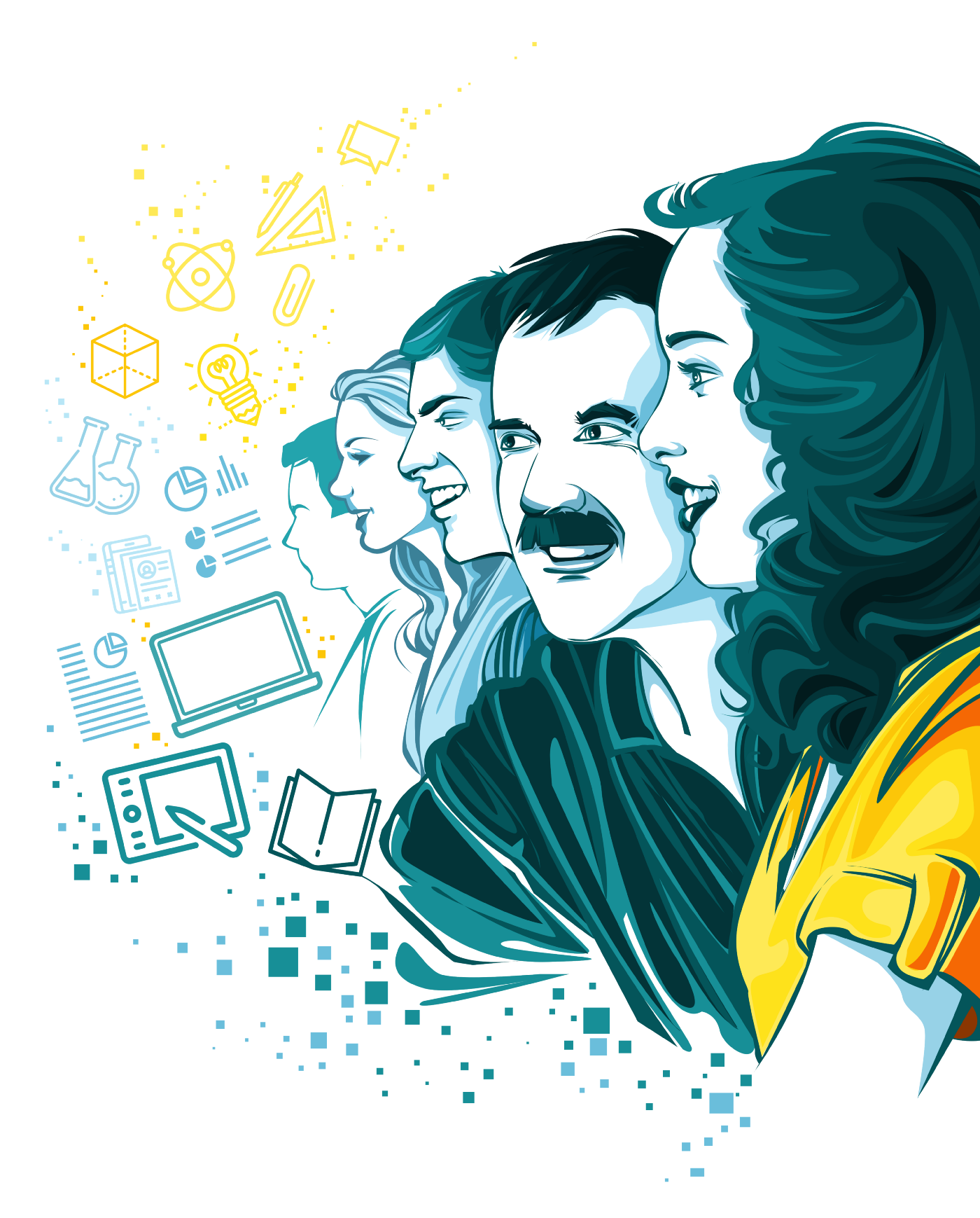 Ilustração estilizada de perfis de pessoas sorrindo, rodeados por ícones de educação e tecnologia.  Cores em tons de azul e amarelo sobre fundo preto.