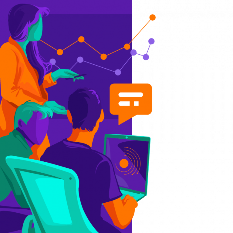 Ilustração de um time colaborando em um projeto, analisando gráficos de desempenho e discutindo em um laptop.