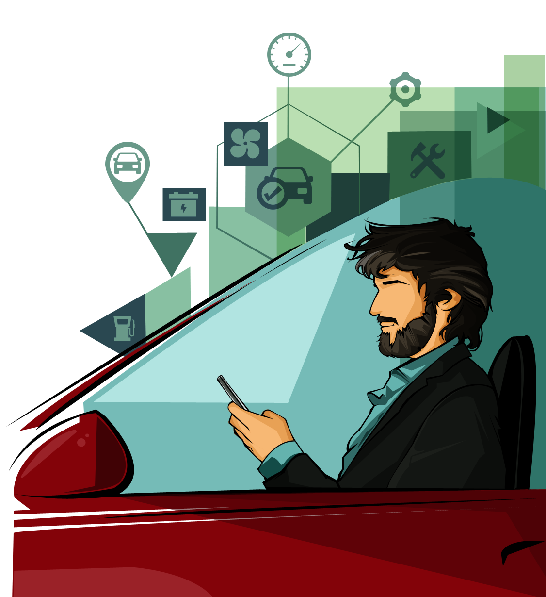 Ilustração de um homem barbudo usando um celular em seu carro vermelho, com ícones sobrepostos representando manutenção, combustível, localização e outras informações do veículo.