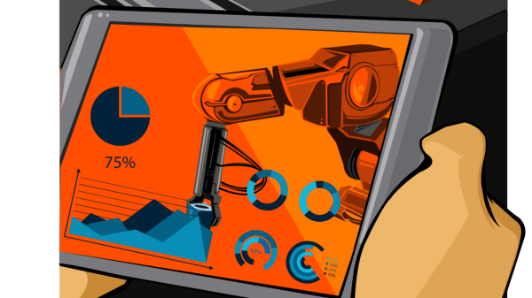 Um tablet mostra um braço robótico e gráficos mostrando dados de desempenho, incluindo um gráfico de pizza com 75% e um gráfico de linha mostrando aumento de produção.