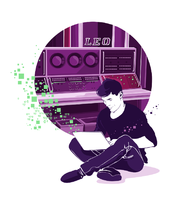 Ilustração de um homem usando um laptop em frente a um computador vintage rotulado como "LEO", com dados binários flutuando ao redor.