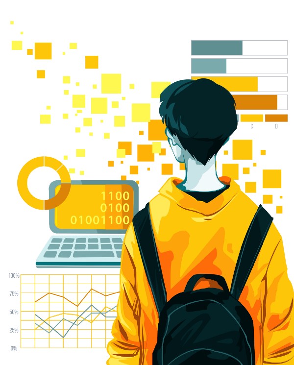Ilustração de estudante com mochila, de costas para a tela de um laptop com código binário, gráficos e dados.