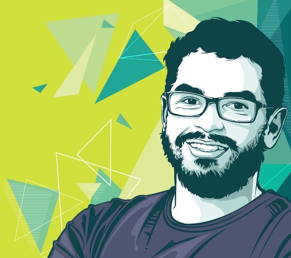 Retrato estilizado de um homem barbudo de óculos, sorrindo, sobre fundo verde com formas geométricas abstratas.