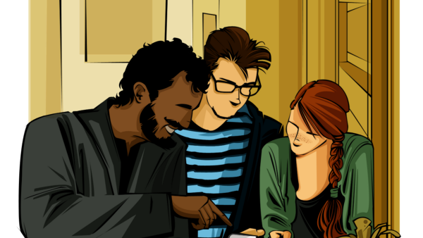 Três jovens, um homem negro de barba e dois caucasianos, um homem e uma mulher, inclinam-se sobre algo, sorrindo e interagindo. A ilustração tem um estilo de desenho animado.