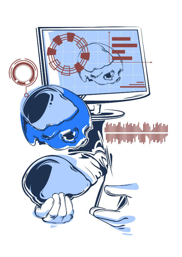Ilustração estilizada de um crânio azul analisado em um monitor de computador, com gráficos e um gráfico de som.