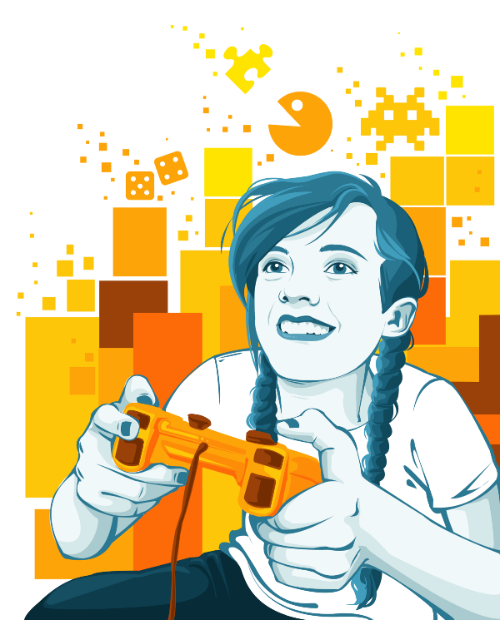 Ilustração estilizada de uma menina jogando videogame, cercada por ícones de jogos clássicos em um fundo amarelo e laranja vibrante.
