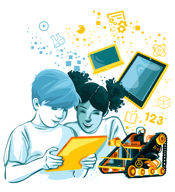 Duas crianças usando um tablet rodeadas por ícones de tecnologia, robótica e educação.  Um robô está na base da imagem.