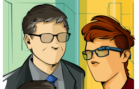 Ilustração de Bill Gates ao lado de um jovem usando óculos inteligentes. Ambos estão em um cenário estilizado de escritório.