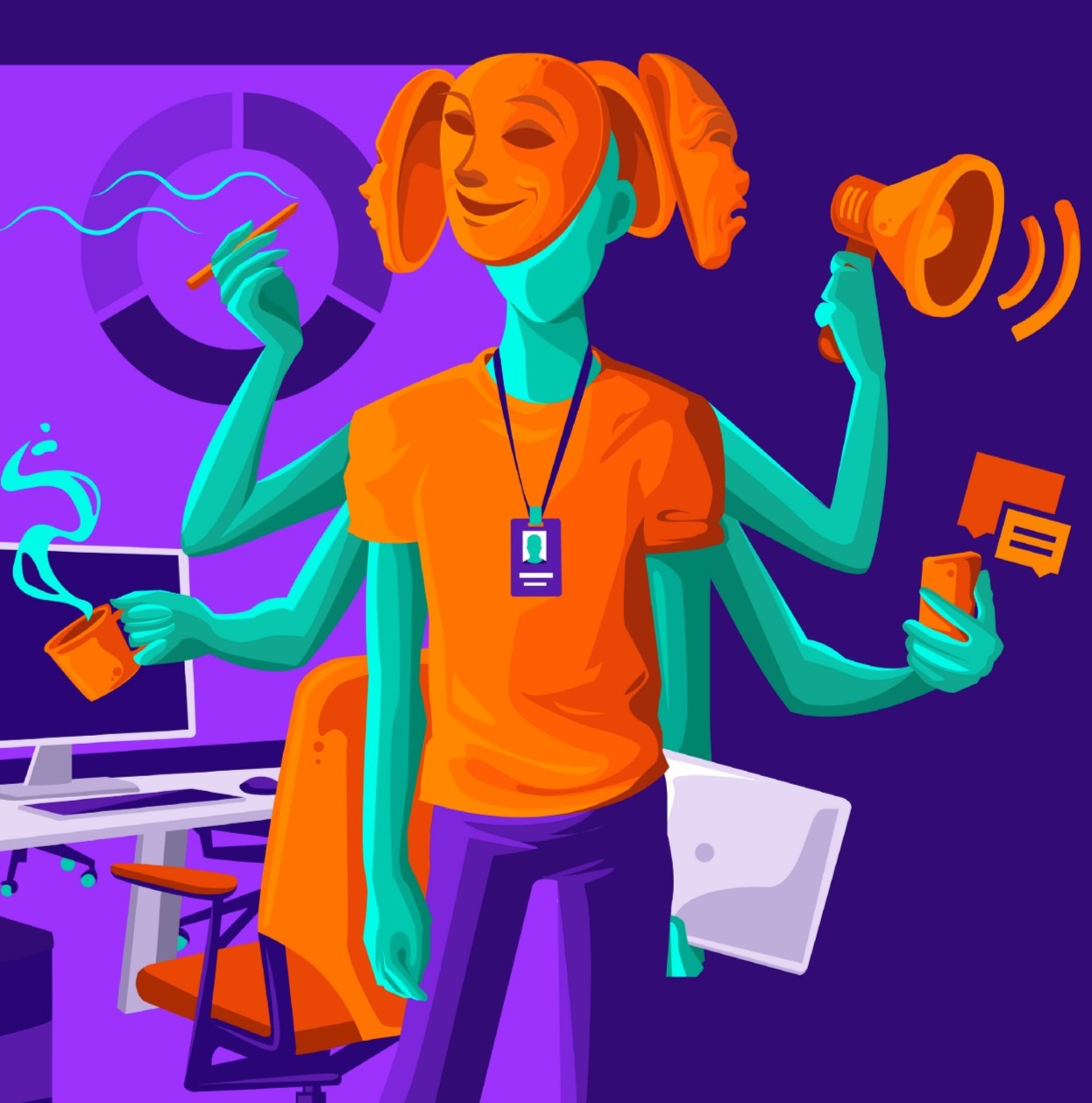 Ilustração de pessoa com múltiplos braços realizando diversas tarefas de escritório simultaneamente, incluindo escrever, falar ao telefone, usar um computador, e tomar café.