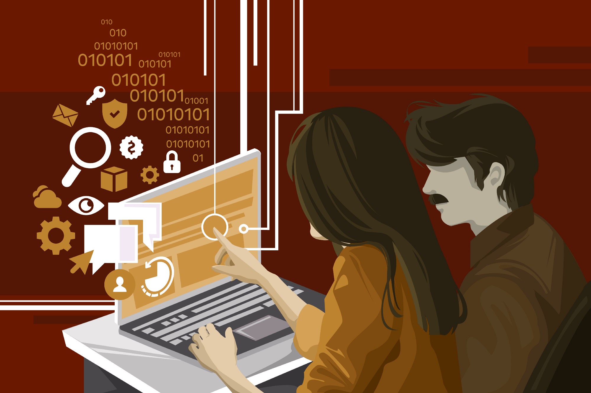 Uma mulher e um homem sentados juntos em frente a um laptop, interagindo com uma interface digital que mostra ícones de segurança e códigos binários.
