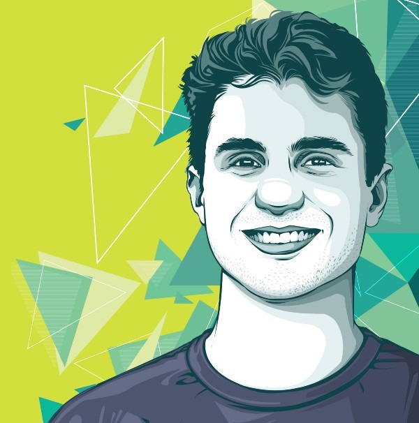Ilustração vetorial de um jovem sorridente com cabelo castanho curto, usando uma camiseta roxa escura, sobre fundo verde-limão com formas geométricas abstratas.