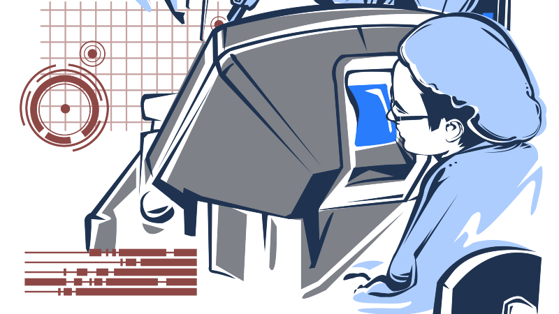 Ilustração estilizada de um robô ou humanoide interagindo com uma interface de tecnologia futurista, com elementos gráficos abstratos ao redor.