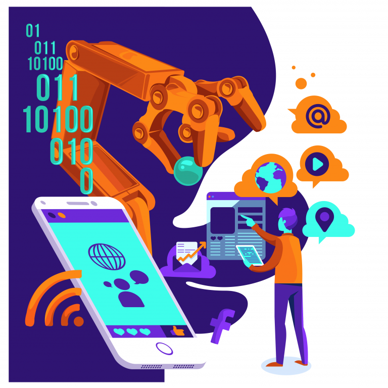 Braço robótico interagindo com smartphone e ícones de mídia social; um homem interage com um computador, mostrando a automação em marketing digital e gestão de mídias sociais.