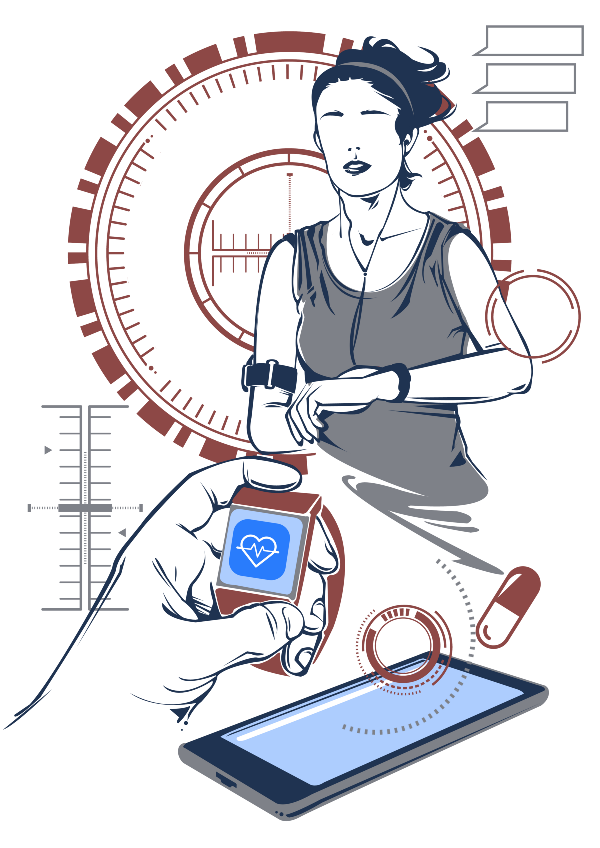 Ilustração de uma mulher correndo, usando um rastreador de fitness e fones de ouvido, com elementos gráficos tecnológicos ao redor, incluindo um smartwatch e um smartphone.