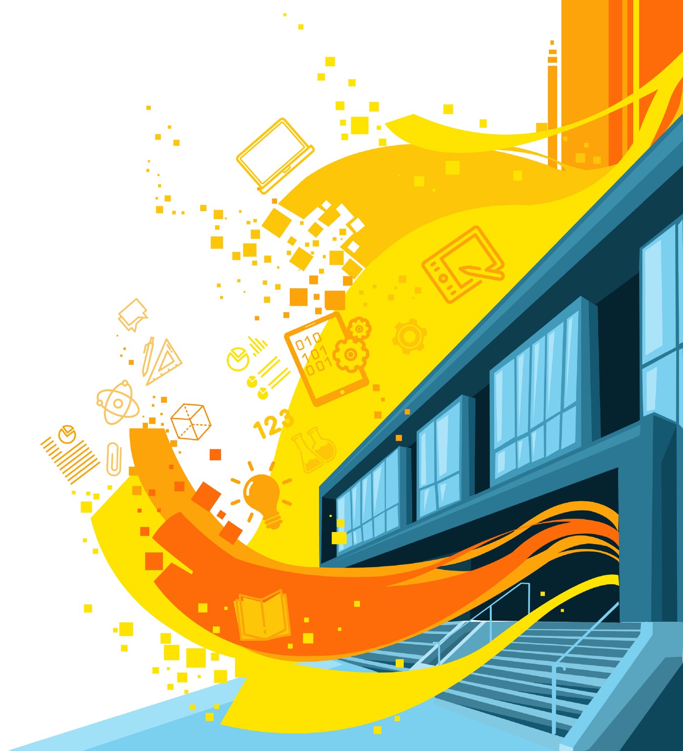 Desenho de um prédio com algumas formas de ondas entrando e saindo e em volta do prédio