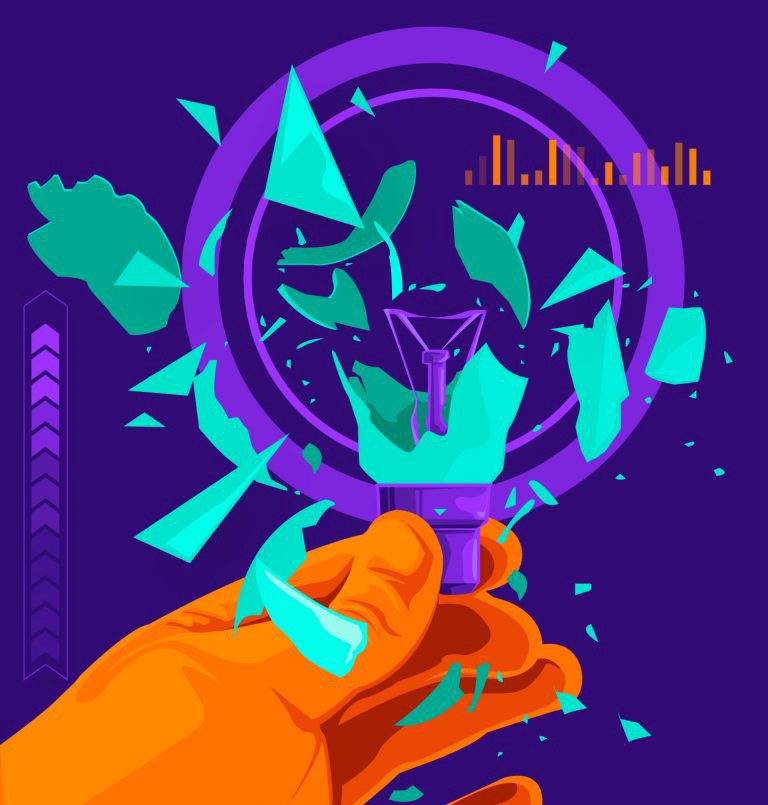 Uma mão segurando uma lâmpada quebrada, com pedaços de vidro voando ao redor, sobre um fundo roxo.  Gráficos coloridos e estilo abstratos.