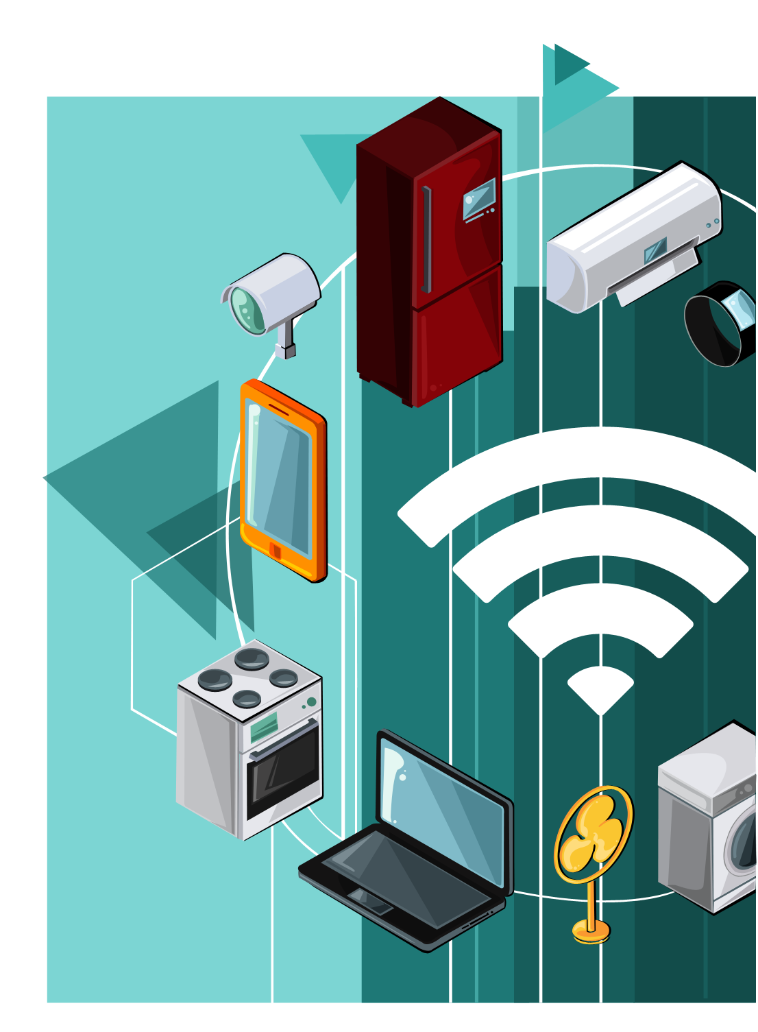Ilustração isométrica de aparelhos domésticos inteligentes conectados via Wi-Fi, incluindo geladeira, ar condicionado, forno, laptop, tablet, ventilador, câmera de segurança e máquina de lavar.