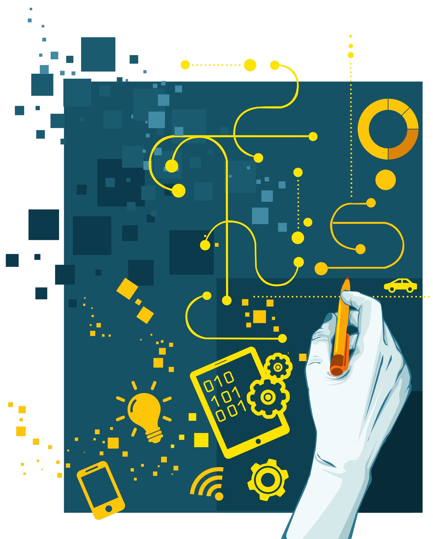 Ilustração abstrata mostrando uma mão desenhando conexões entre ícones de tecnologia, como dispositivos móveis, código binário, engrenagens e um gráfico.  Conceitos de inovação e interconexão digital.