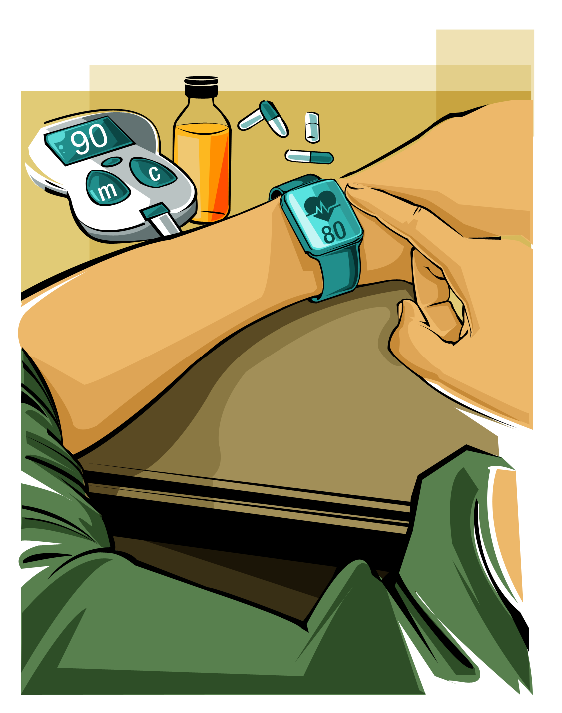 Desenho de um braço de uma pessoa com um relógio medindo a frequência cardíaca, ao lado um aparelho para medir o nível de hipoglicemia, um frasco com bebida e algumas pílulas
