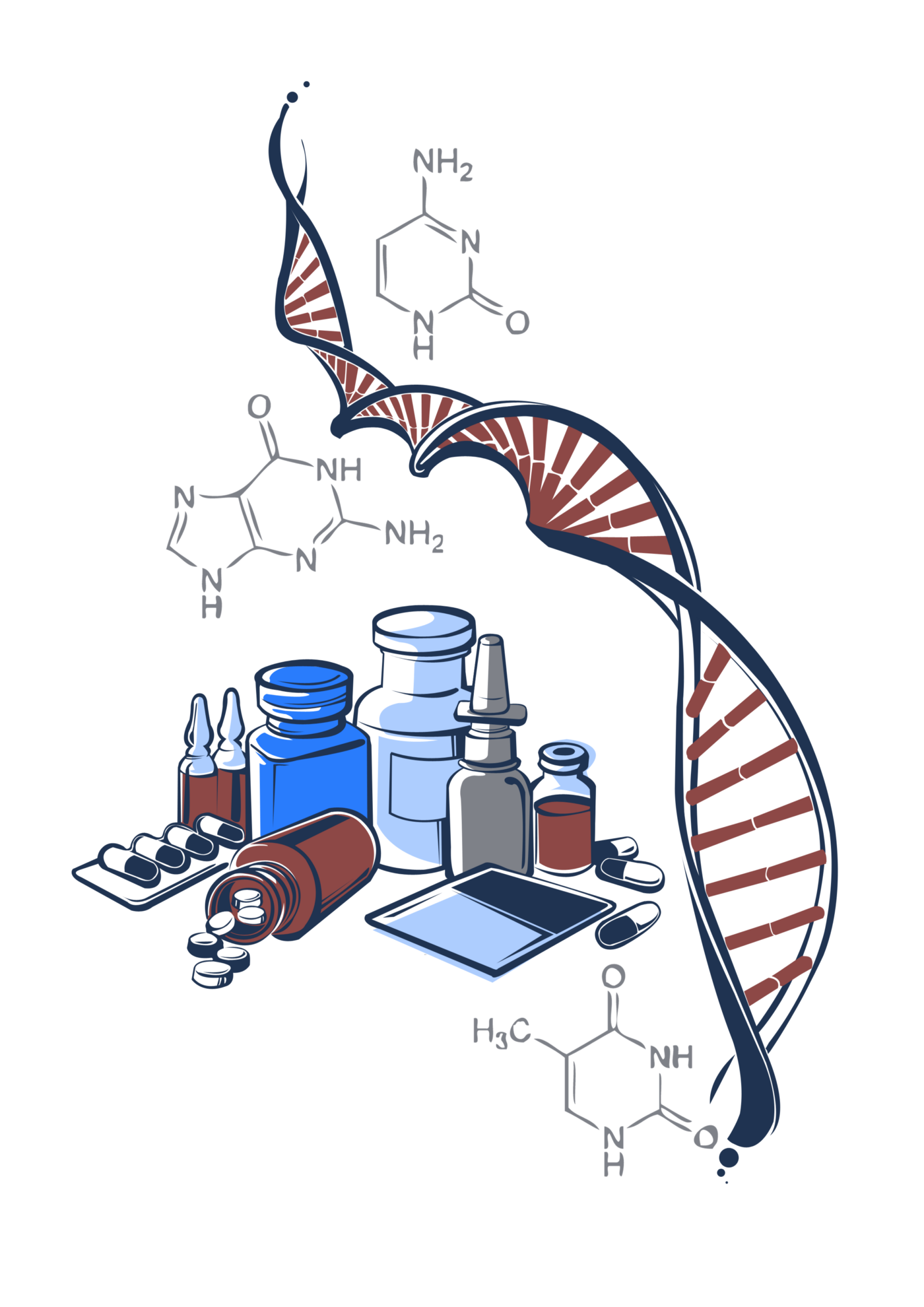 Desenho de um DNA e ao lado alguns frascos, pílulas e fórmulas químicas.