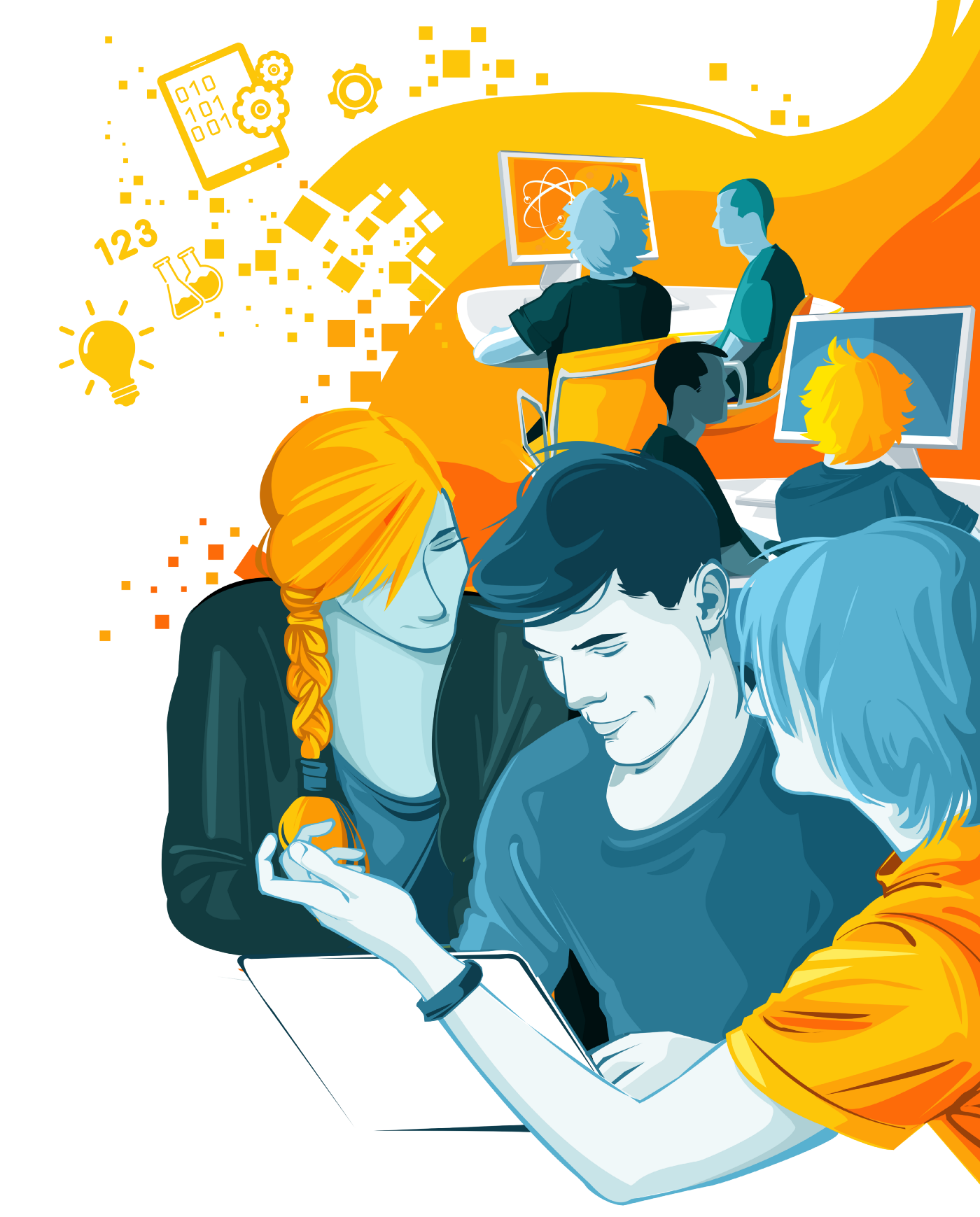 Ilustração de um grupo de jovens trabalhando juntos em computadores, com ícones de tecnologia e ciência ao redor.  Eles parecem colaborar em um projeto criativo ou tecnológico.