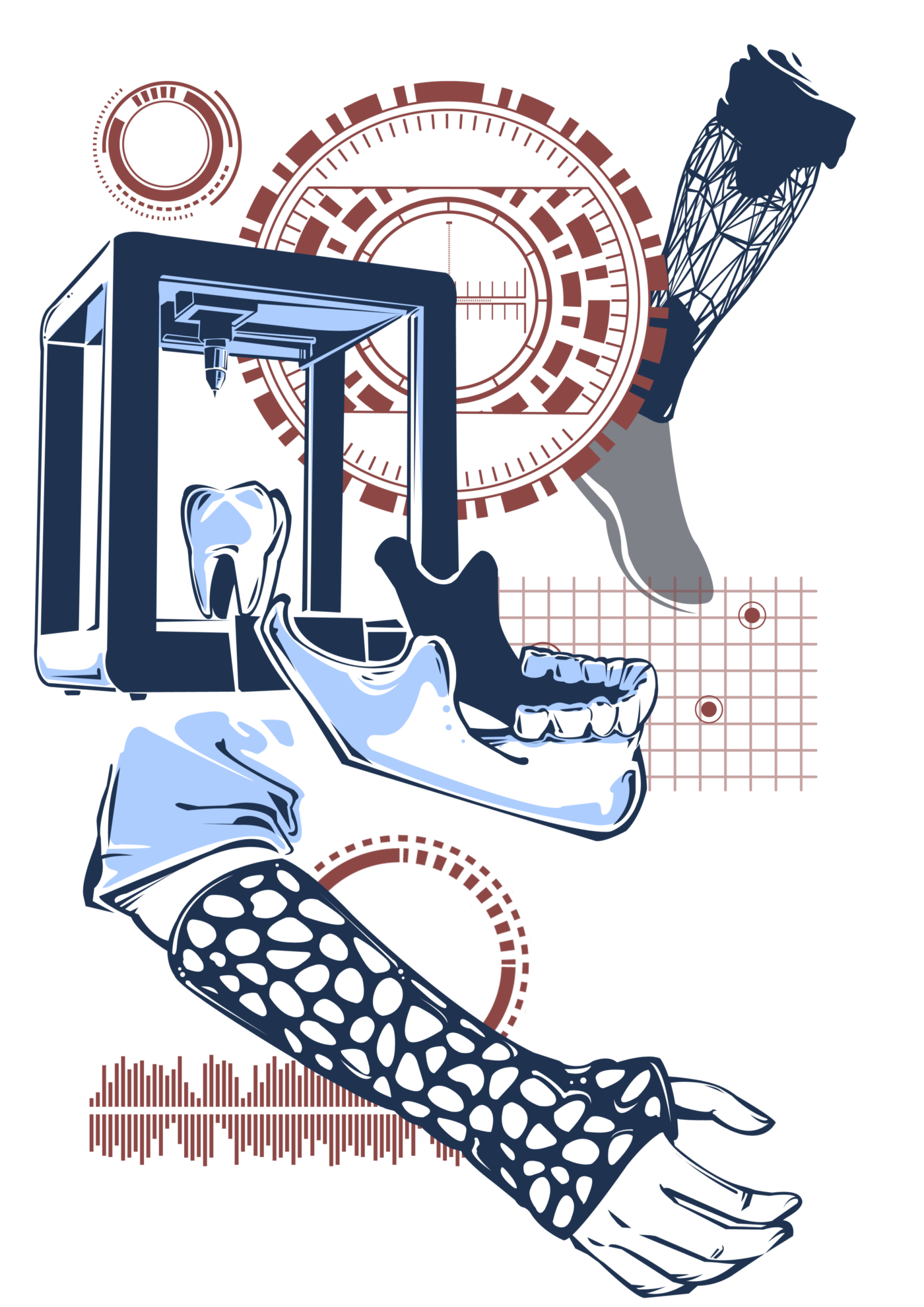 Um mosaico com uma impressora 3D e várias próteses feitas por ela.