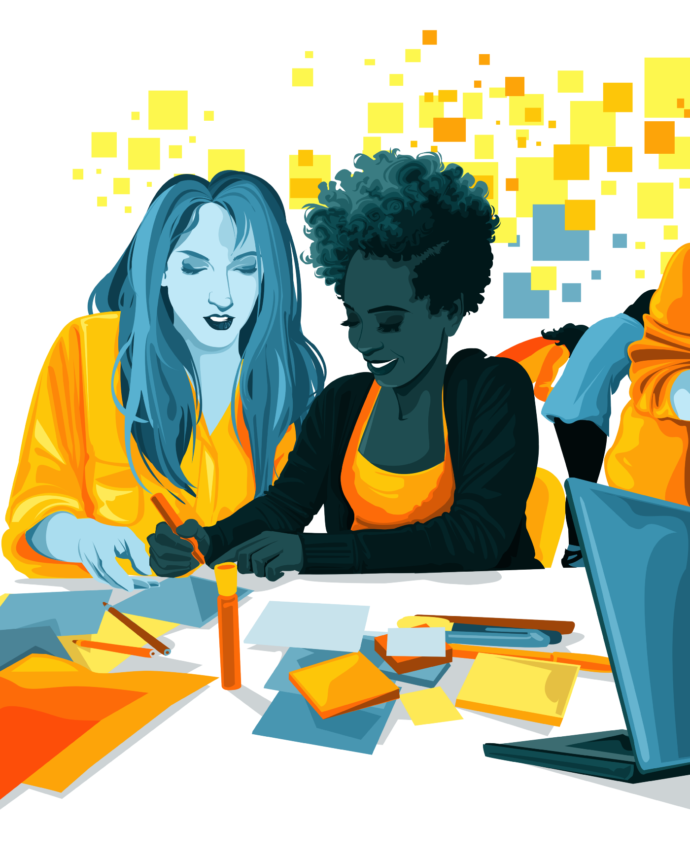 Duas mulheres colaboram em um projeto criativo, sentadas a uma mesa com papel, canetas e um laptop. Cores vibrantes e um fundo de pixels abstratos.