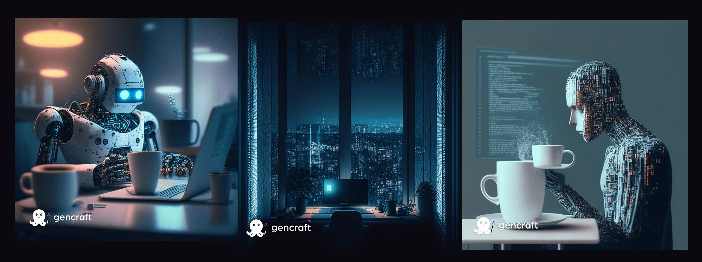 Tríptico de três imagens, cada uma com a marca d'água "gencraft" e o logótipo de um polvo.
Painel esquerdo: Um robô mecânico branco com olhos azuis brilhantes está sentado numa secretária com um portátil e duas canecas de café, aparentando trabalhar num escritório.
Painel central: Uma secretária pouco iluminada com um monitor de computador e plantas tem vista para uma vasta paisagem urbana iluminada à noite, através de uma grande janela com riscos semelhantes a chuva ou dados digitais.
Painel direito: Uma figura humanoide feita de circuitos e componentes, de perfil, segura uma chávena de café fumegante enquanto olha para um grande monitor que exibe código. Outra caneca de café está sobre a secretária.