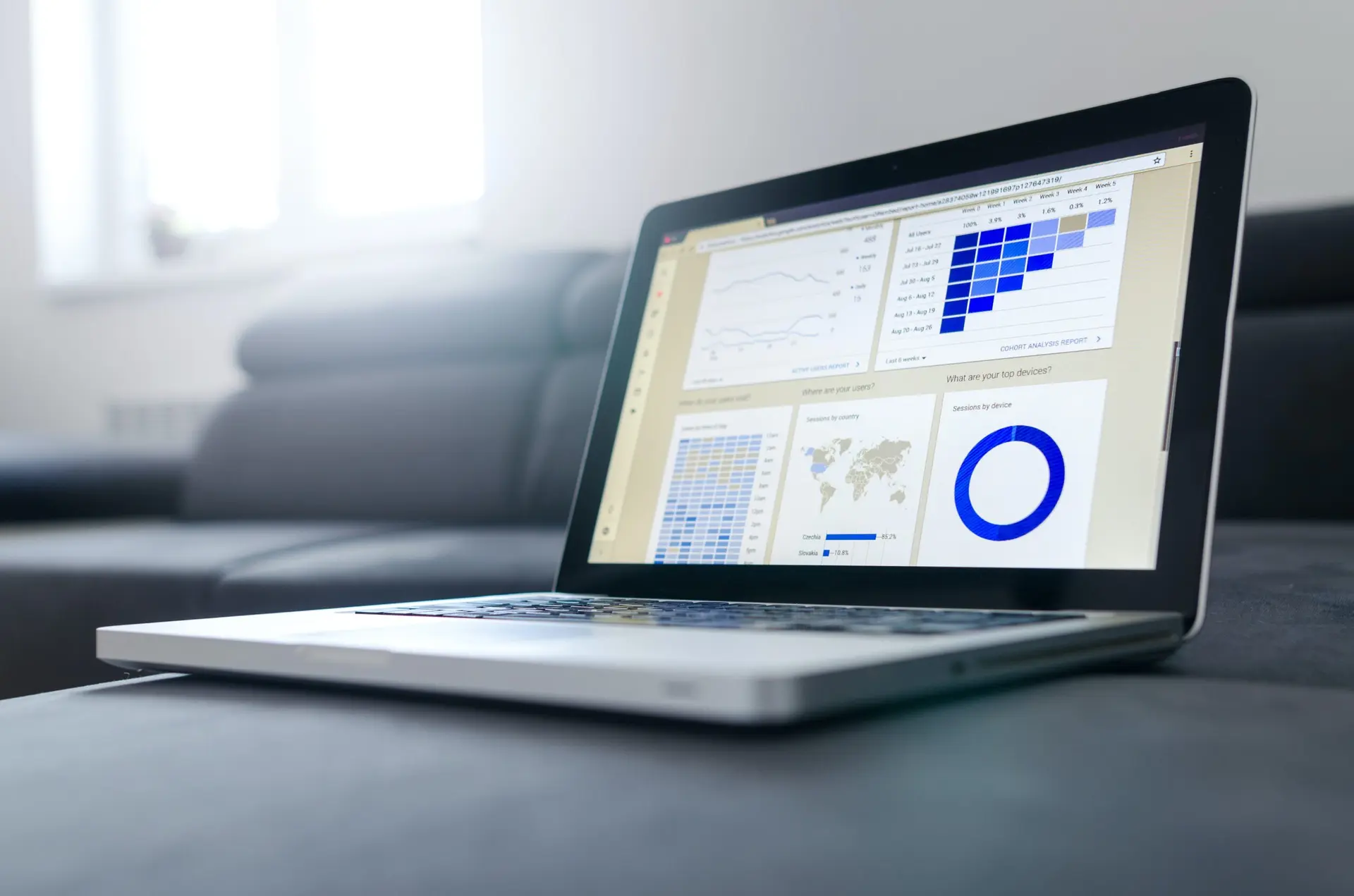 Laptop aberto sobre superfície cinza exibindo dashboard com gráficos de coorte, mapas e dados estatísticos coloridos em azul.